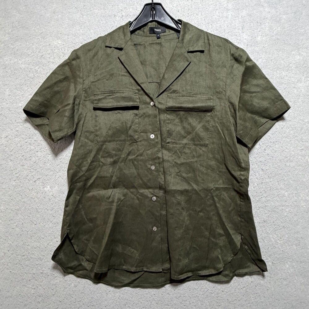 Theory Short Sleeve Button Up Camp Shirt Dual Front Pockets Women’s Medium Linen